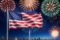 American flag is flying against the background of bright fireworks. The celebration of Independence Day. Royalty Free Stock Photo