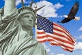 American Flag, flying bald Eagle,statue of liberty