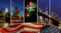 American flag flying the a Skyline view new york city manhattan downtown skyline at night Royalty Free Stock Photo