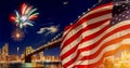 American flag flying the a Skyline view new york city manhattan downtown skyline at night Royalty Free Stock Photo