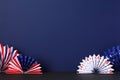 American flag folding paper fans on navy background. Happy President`s Day, 4th of July banner template Royalty Free Stock Photo