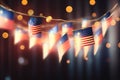 American flag garland with bokeh lights. 3d rendering, A garland of Malaysia national flags on an abstract blurred background, AI Royalty Free Stock Photo