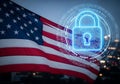 American flag with glowing blue digital padlock and binary code Royalty Free Stock Photo