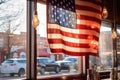 american flag hanging in diner window