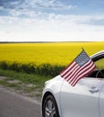 American flag is hanging out of window of car against backdrop of flowering yellow rapeseed field