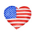 American Flag heart, hand drawn watercolor illustration for happy independence day of America. 4th of july usa design