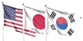American flag with Japan flag and South Korea flag on cloudy sky. waving in the sky Royalty Free Stock Photo