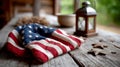 American flag and lantern on rustic wooden table. Royalty Free Stock Photo