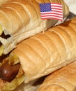 American Flag on the many hotdogs with chips and soft bread pudd Royalty Free Stock Photo