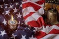 American flag on Memorial day honor respect patriotic military US in Candle memory and Remember bell Royalty Free Stock Photo