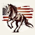 American Flag , Mustang Horse Retro Vintage elegant racing horse in gallop vector illustration isolated on white.