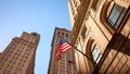 American flag in New York City at sunset, USA Royalty Free Stock Photo