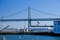 American flag and Oakland bridge, san francisco, california, united states.