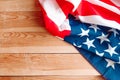 American flag on old wooden background, top view. Copy space for the text. Royalty Free Stock Photo