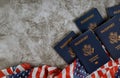 American flag and passports with the symbols of the United States of America