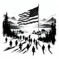 American flag and people on the background of the lake. National Freedom Day. Hand-drawn illustration.