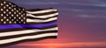 American flag with police support symbol Thin blue line on sunset sky. Royalty Free Stock Photo