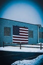 An American flag proudly displayed on the wall of a local business in Newbury, Ohio