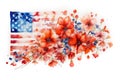 American flag with red and blue summer flowers for 4th of July Independence Day or Memorial Day.