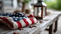 An American flag on a rustic wooden table with a lantern. Royalty Free Stock Photo