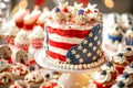 American flag-themed cake and cupcakes for 4th of July celebration Royalty Free Stock Photo