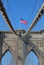 American flag on top of famous Brooklyn Bridge