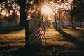 American flag waving in front of a military cemetery , emphasizing the importance of honoring and remembering American service Royalty Free Stock Photo