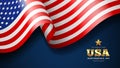 American flag waving, independence day banner design, on dark blue background