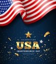 American flag waving, independence day golden text usa design, on dark blue background Royalty Free Stock Photo