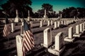 American flag waving next to a grave at the American Cemetery and Memorial. Neural network AI generated Royalty Free Stock Photo