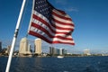 American flag waving in SanDiego Bay