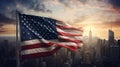 American Flag Waving at Sunrise in New York Cityscape. Generative ai Royalty Free Stock Photo