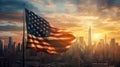 American Flag Waving at Sunrise in New York Cityscape. Generative ai Royalty Free Stock Photo