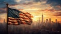 American Flag Waving at Sunrise in New York Cityscape. Generative ai Royalty Free Stock Photo