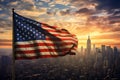 American Flag Waving at Sunrise in New York Cityscape. Generative ai Royalty Free Stock Photo