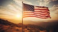 American flag waving on the top of the mountain at sunset. 3d rendering Royalty Free Stock Photo