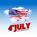 American flag waving in usa map in blue sky clouds and 4th of july american independence day celebration message. vector illustrat Royalty Free Stock Photo