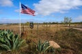 American flag waving in the wind against a background of wildlife, cacti and agave in Texas, USA