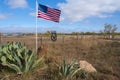 American flag waving in the wind against a background of wildlife, cacti and agave in Texas, USA