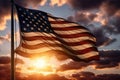 American flag waving in the wind against a blue and orange sunset sky, American flag waving in the wind at sunset, AI Generated Royalty Free Stock Photo