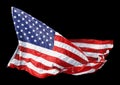 American flag waving in the wind isolated on black background. 3D