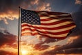 American flag waving in the wind at sunset, 3d render. American flag waving in the wind at sunset, AI Generated Royalty Free Stock Photo