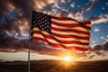 American flag waving in the wind at sunset. 3D Rendering, American flag waving in the wind at sunset, AI Generated Royalty Free Stock Photo