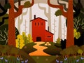 Autumn forest landscape, flat design, lumber mill