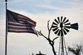 American Flag and a Windmill near Turnersville Texas Royalty Free Stock Photo