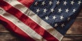 American flag on wooden background. Top view. Copy space for text. Closeup of United States of America flag, shallow depth of