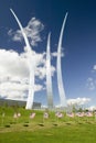 American flags at base of three soaring spires of the Air Force Memorial at One Air Force Memorial Drive, Arlington, Virginia in