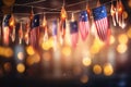 American flags on bokeh background. 3D Rendering, A garland of Malaysia national flags on an abstract blurred background, AI Royalty Free Stock Photo