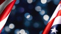 American flags border over defocused blue bokeh lights background. Flyer Royalty Free Stock Photo