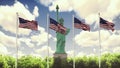 The American flags flutters in the wind on a Sunny day against the blue sky and the Statue of Liberty. 3D Rendering Royalty Free Stock Photo